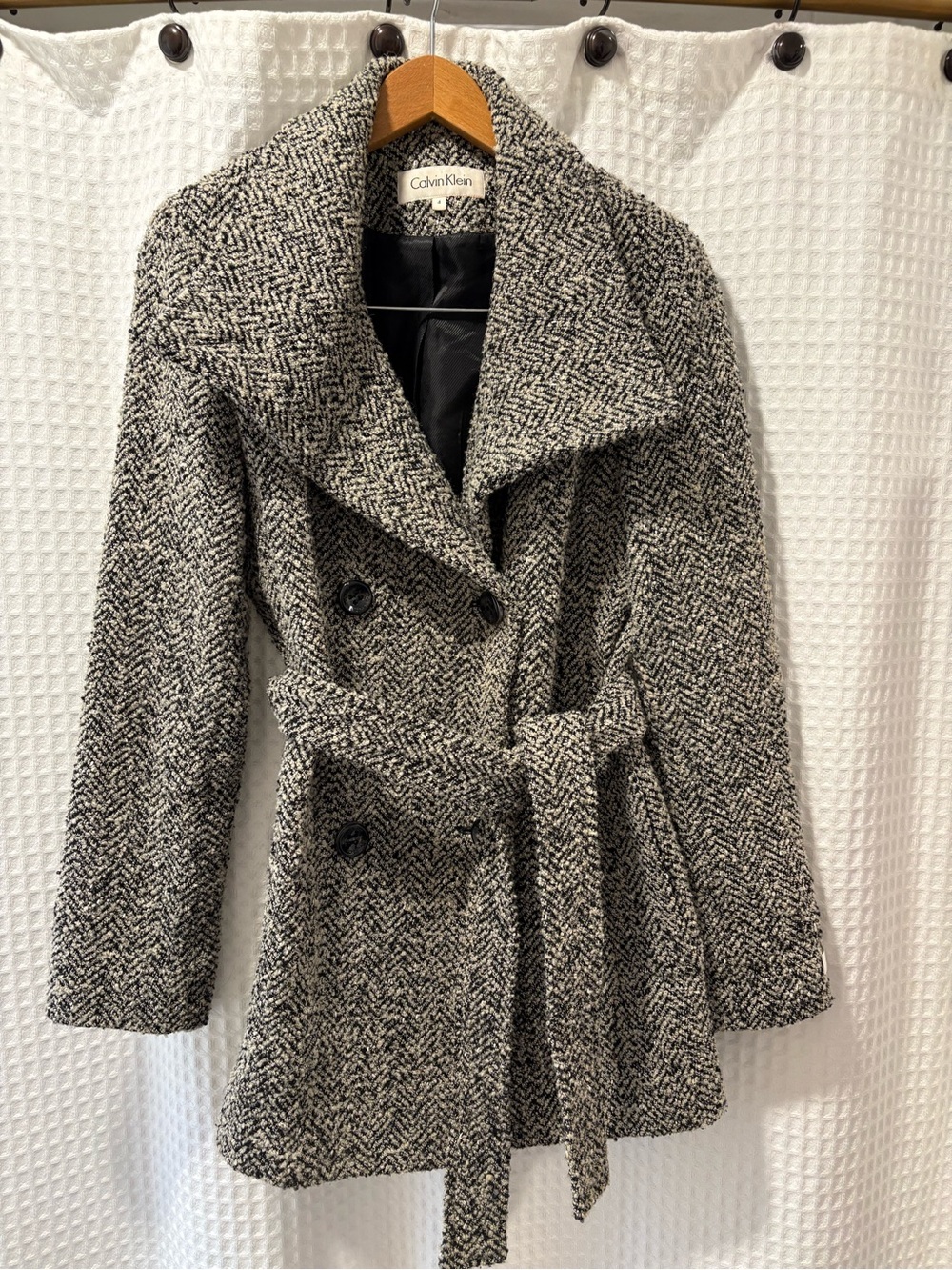 Calvin Klein Black & White Herringbone Belted Pea Coat